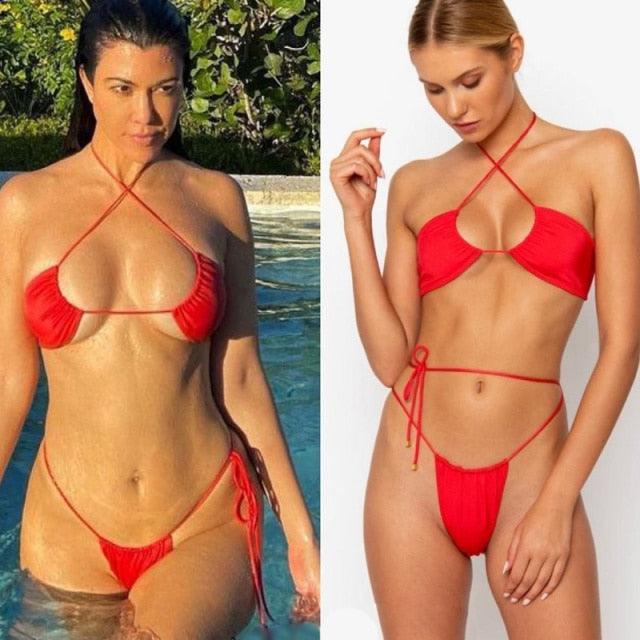 Women Bikini Set Solid Color Swimsuit Women Two Piece Swimsuit Swimwear Halter String Triangle Bikini Sets Women Hollow Out Bikinis String Swimwear Women Adjustable Bathing Suit Stevvex