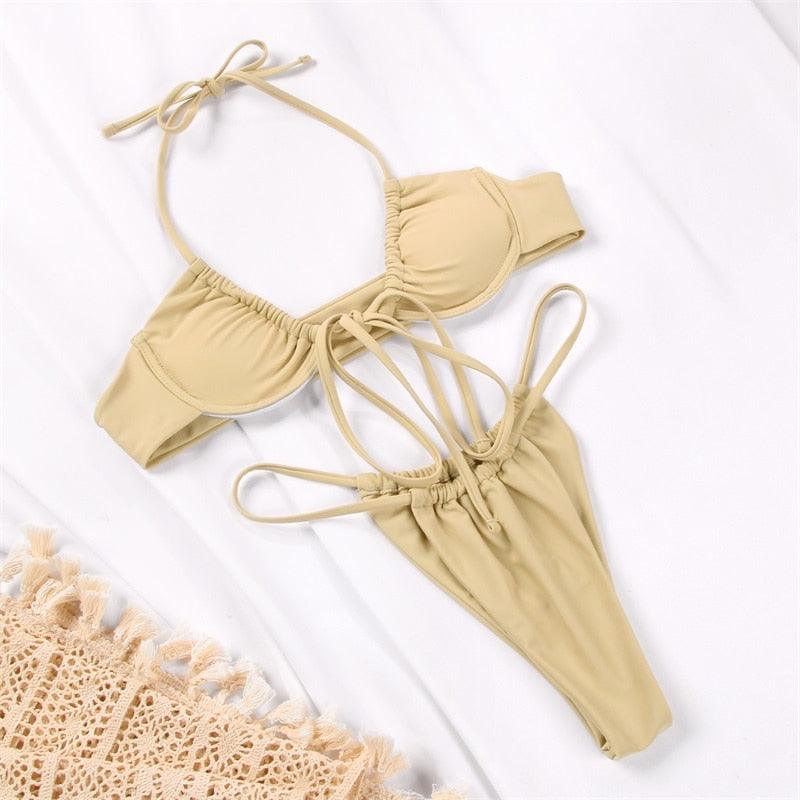 Women Bikini Set Solid Color Swimsuit Women Two Piece Swimsuit Swimwear Halter String Triangle Bikini Sets Women Hollow Out Bikinis String Swimwear Women Adjustable Bathing Suit Stevvex
