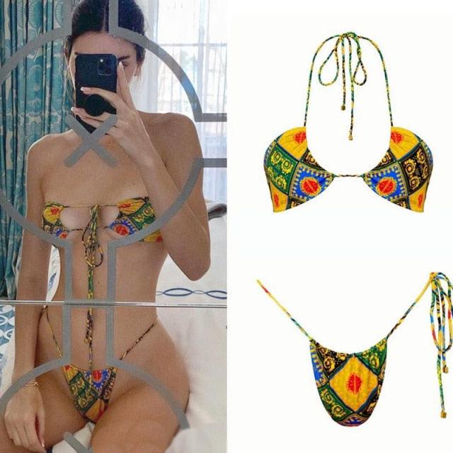 Women Bikini Set Solid Color Swimsuit Women Two Piece Swimsuit Swimwear Halter String Triangle Bikini Sets Women Hollow Out Bikinis String Swimwear Women Adjustable Bathing Suit Stevvex