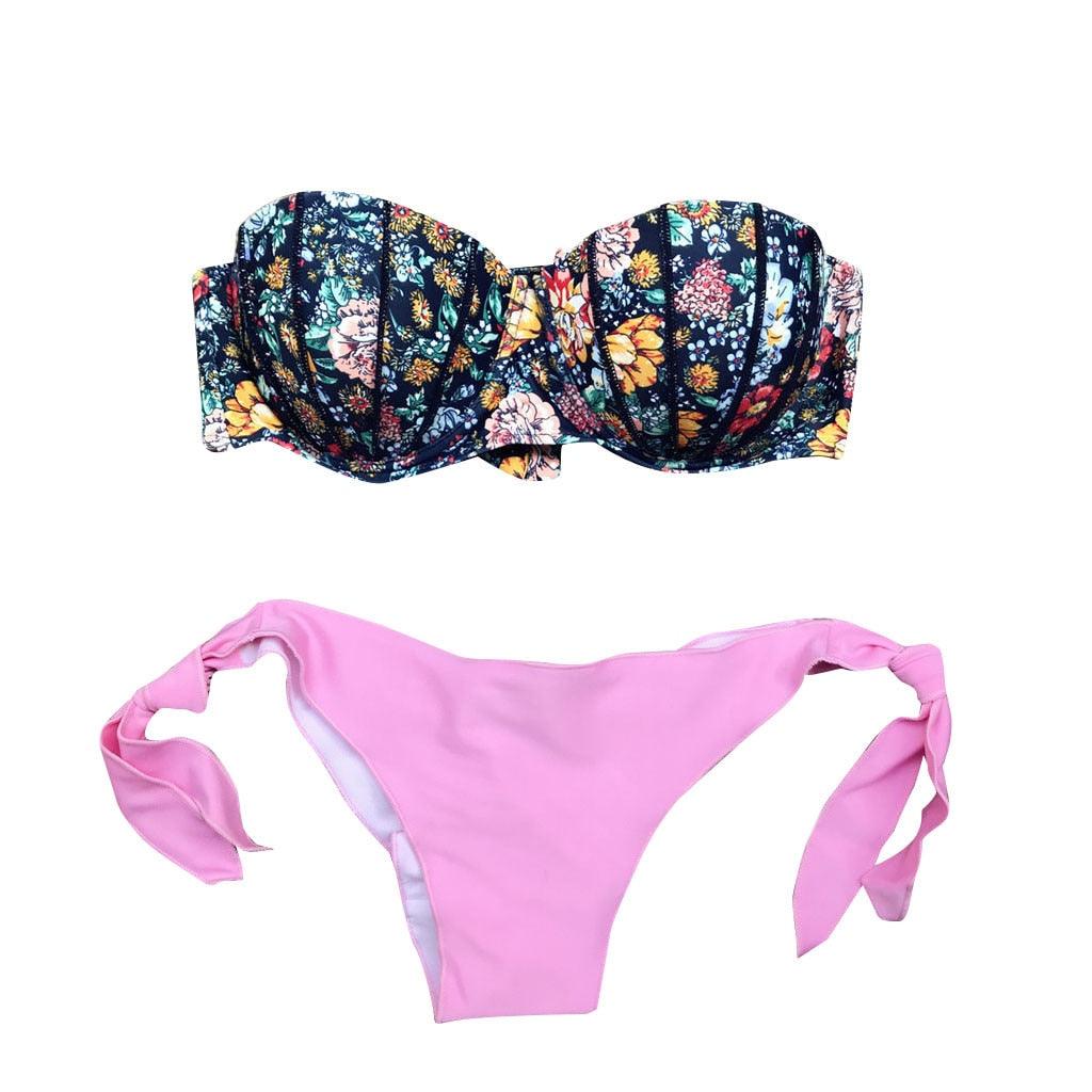 Women Bikini Swimsuit Bandage Floral Print Swimwear Split Bathing Suit Swimsuit Women Two 2 Piece Split Swimsuit  Bandage  Bikini Sets Halter Tops Bottoms Strapless Swimwear Stevvex
