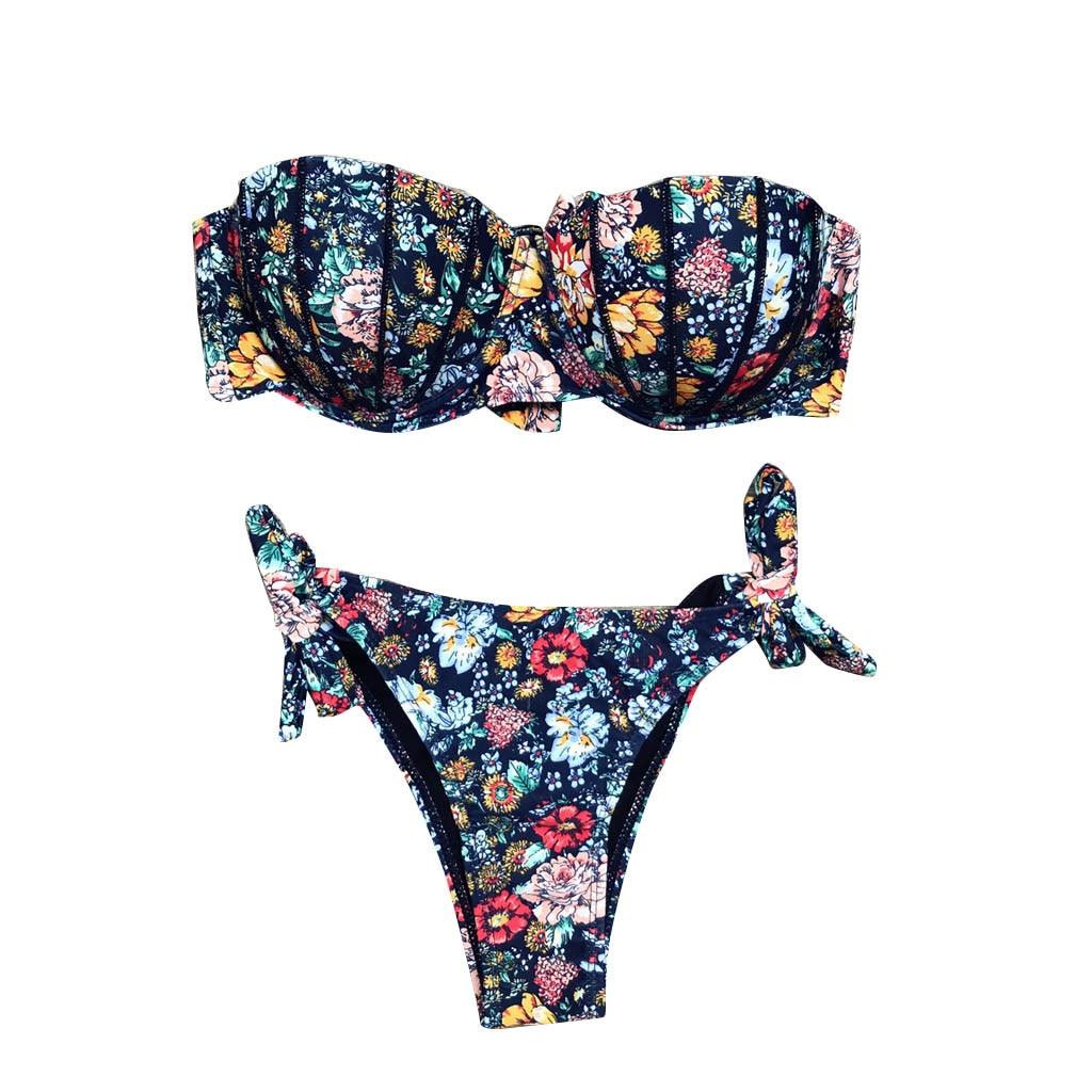 Women Bikini Swimsuit Bandage Floral Print Swimwear Split Bathing Suit Swimsuit Women Two 2 Piece Split Swimsuit  Bandage  Bikini Sets Halter Tops Bottoms Strapless Swimwear Stevvex