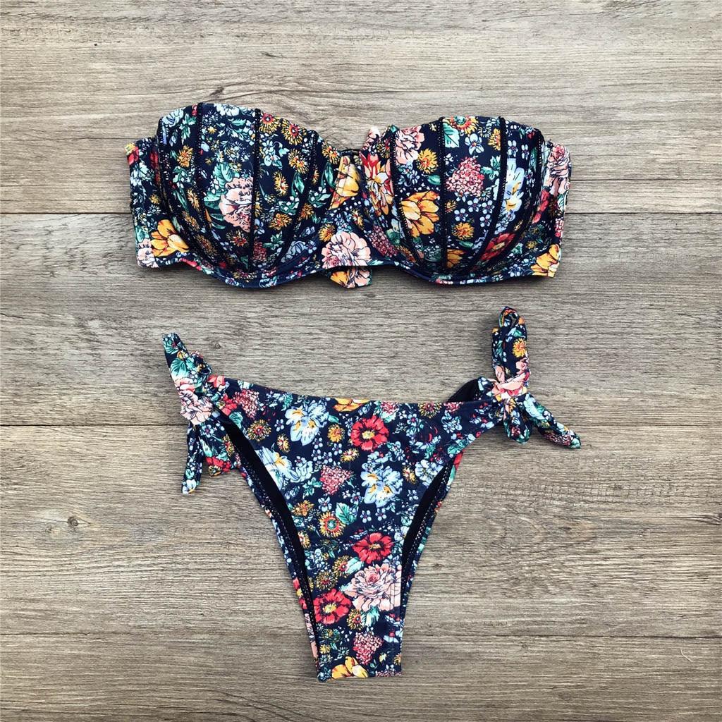 Women Bikini Swimsuit Bandage Floral Print Swimwear Split Bathing Suit Swimsuit Women Two 2 Piece Split Swimsuit  Bandage  Bikini Sets Halter Tops Bottoms Strapless Swimwear Stevvex
