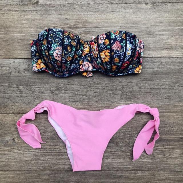 Women Bikini Swimsuit Bandage Floral Print Swimwear Split Bathing Suit Swimsuit Women Two 2 Piece Split Swimsuit  Bandage  Bikini Sets Halter Tops Bottoms Strapless Swimwear Stevvex