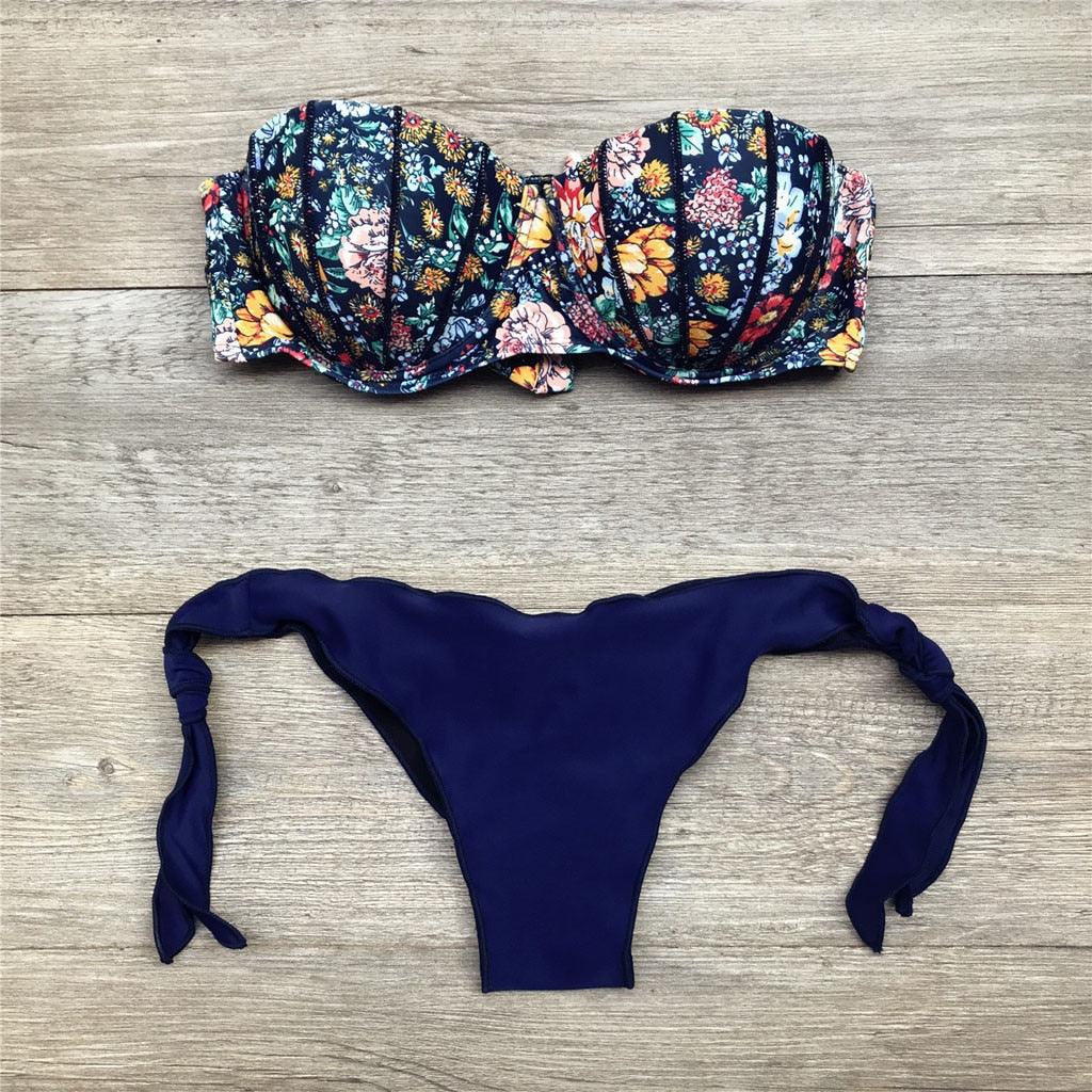 Women Bikini Swimsuit Bandage Floral Print Swimwear Split Bathing Suit Swimsuit Women Two 2 Piece Split Swimsuit  Bandage  Bikini Sets Halter Tops Bottoms Strapless Swimwear Stevvex