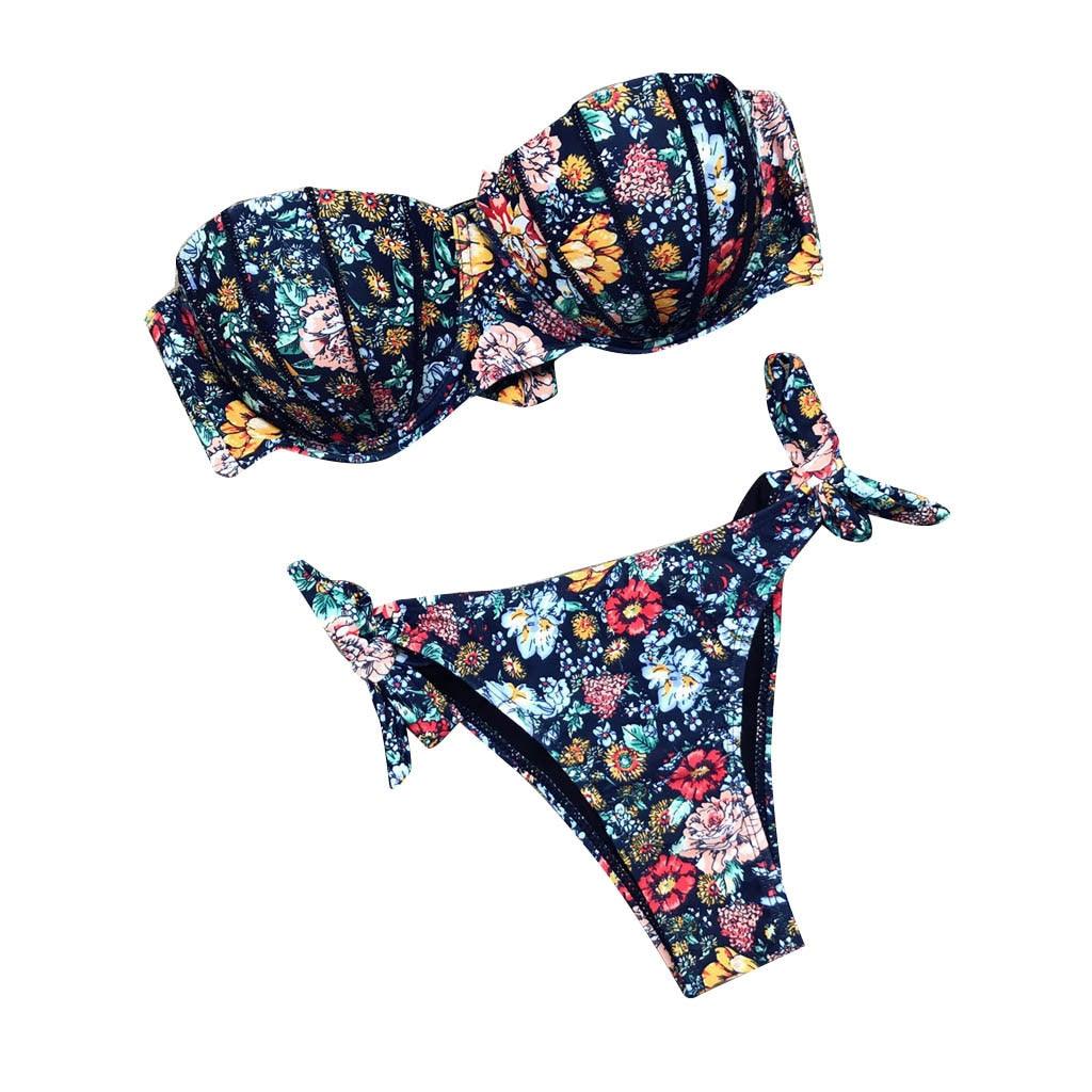 Women Bikini Swimsuit Bandage Floral Print Swimwear Split Bathing Suit Swimsuit Women Two 2 Piece Split Swimsuit  Bandage  Bikini Sets Halter Tops Bottoms Strapless Swimwear Stevvex