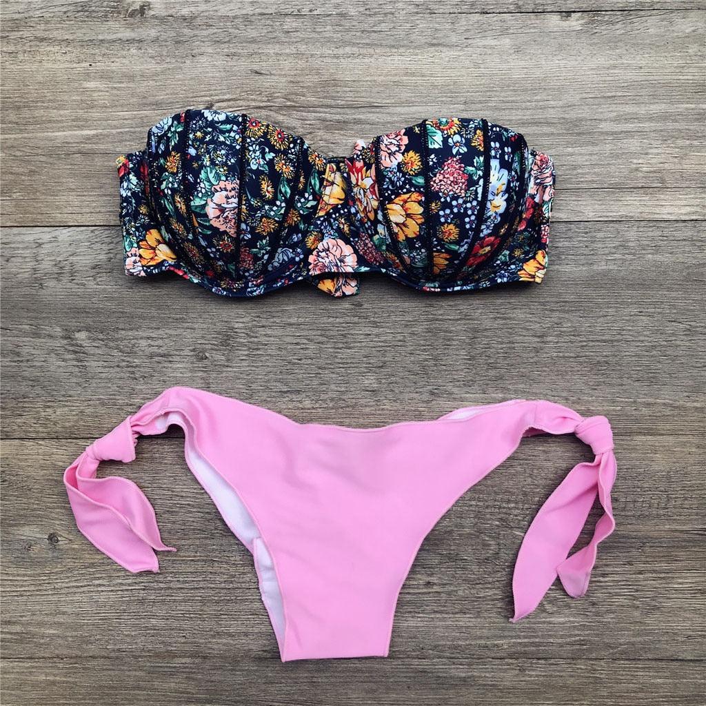 Women Bikini Swimsuit Bandage Floral Print Swimwear Split Bathing Suit Swimsuit Women Two 2 Piece Split Swimsuit  Bandage  Bikini Sets Halter Tops Bottoms Strapless Swimwear Stevvex