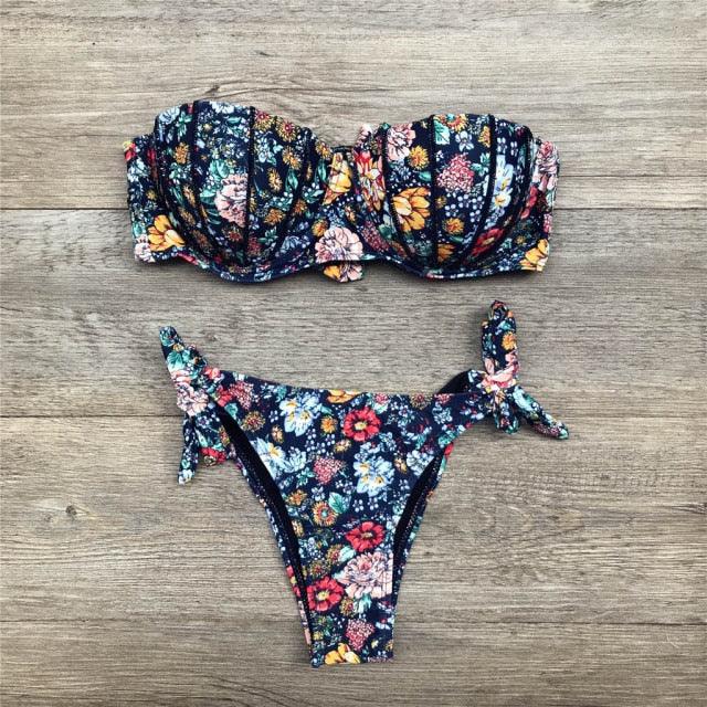 Women Bikini Swimsuit Bandage Floral Print Swimwear Split Bathing Suit Swimsuit Women Two 2 Piece Split Swimsuit  Bandage  Bikini Sets Halter Tops Bottoms Strapless Swimwear Stevvex