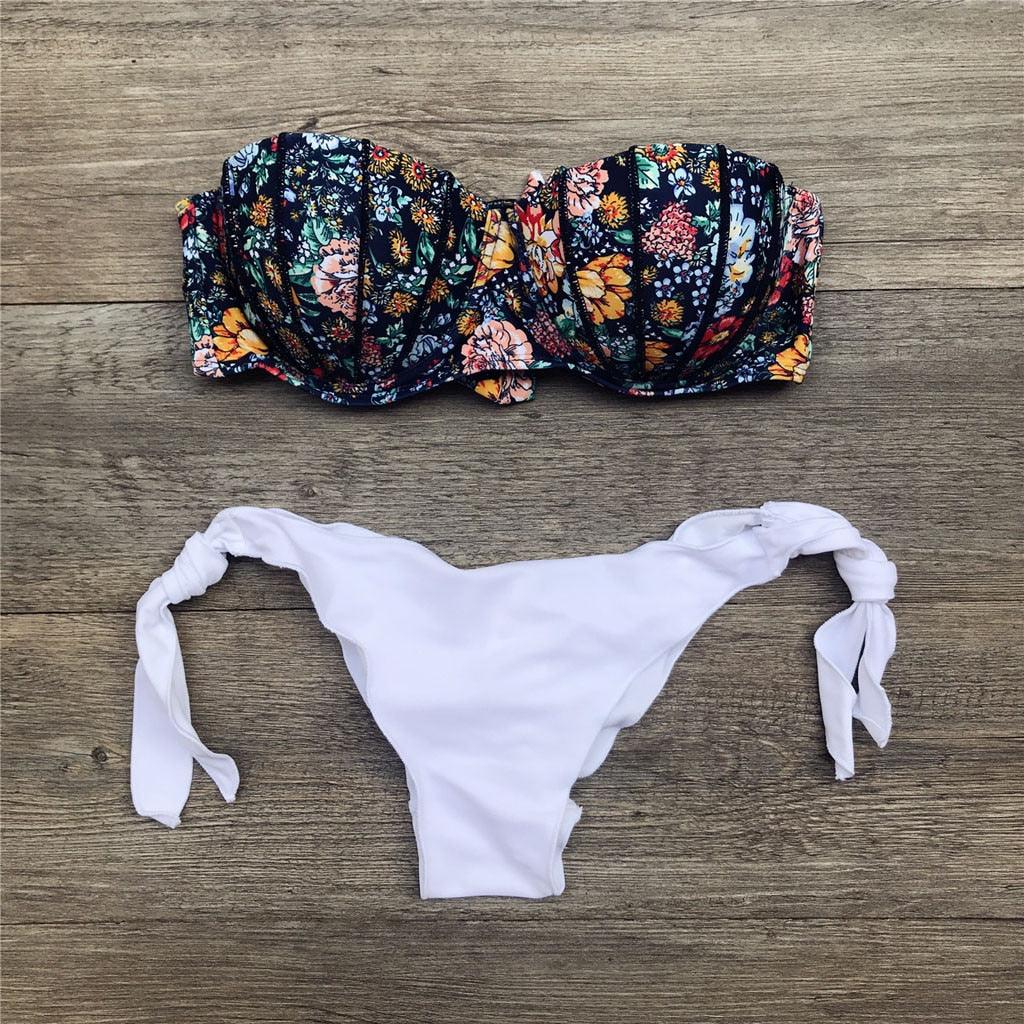 Women Bikini Swimsuit Bandage Floral Print Swimwear Split Bathing Suit Swimsuit Women Two 2 Piece Split Swimsuit  Bandage  Bikini Sets Halter Tops Bottoms Strapless Swimwear Stevvex