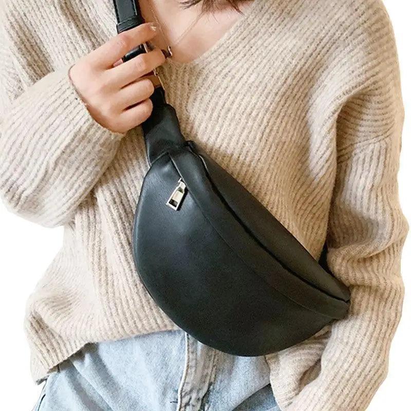 Women Black PU Leather Chest Luxurious Bags Fashionable Crossbody Waist Purse Unisex Fanny Bag Modern Traveling Bag Stevvex