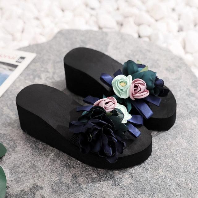 Women Bow Summer Sandals Slipper Indoor Outdoor Flip-flops Beach Shoes New Fashion Casual Flower Slipper High Heeled Bow-Knot Platform Flip Flops Beach Sandals Fashion Summer Slippers Stevvex
