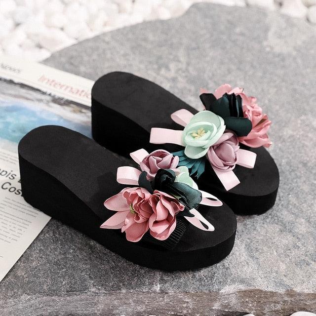 Women Bow Summer Sandals Slipper Indoor Outdoor Flip-flops Beach Shoes New Fashion Casual Flower Slipper High Heeled Bow-Knot Platform Flip Flops Beach Sandals Fashion Summer Slippers Stevvex