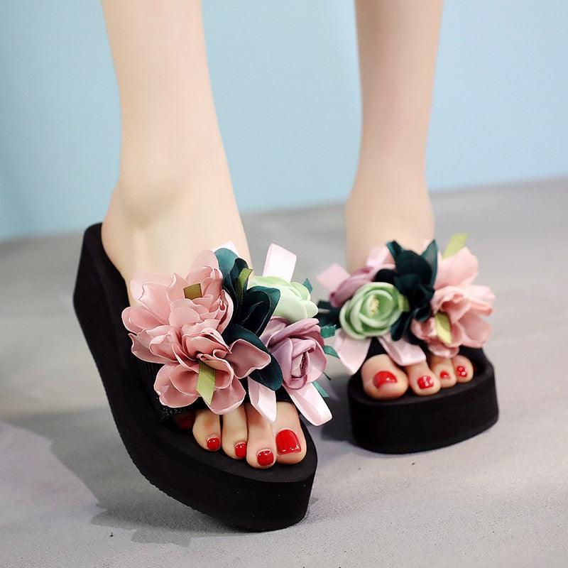Women Bow Summer Sandals Slipper Indoor Outdoor Flip-flops Beach Shoes New Fashion Casual Flower Slipper High Heeled Bow-Knot Platform Flip Flops Beach Sandals Fashion Summer Slippers Stevvex