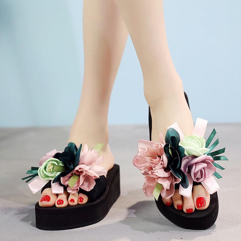 Women Bow Summer Sandals Slipper Indoor Outdoor Flip-flops Beach Shoes New Fashion Casual Flower Slipper High Heeled Bow-Knot Platform Flip Flops Beach Sandals Fashion Summer Slippers Stevvex