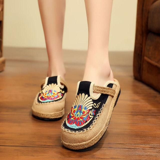 Women Casual Linen Handmade Mules Flat Slippers Retro Vegan Summer Canvas Comfortable Espadrille New Women Shoes Slides Flat Summer Style Handmade Retro Slippers Stevvex