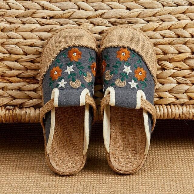 Women Casual Linen Handmade Mules Flat Slippers Retro Vegan Summer Canvas Comfortable Espadrille New Women Shoes Slides Flat Summer Style Handmade Retro Slippers Stevvex
