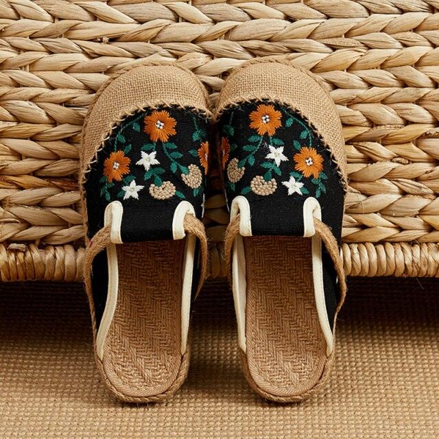 Women Casual Linen Handmade Mules Flat Slippers Retro Vegan Summer Canvas Comfortable Espadrille New Women Shoes Slides Flat Summer Style Handmade Retro Slippers Stevvex