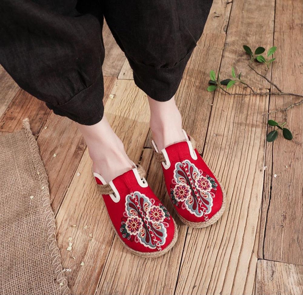 Women Casual Linen Handmade Mules Flat Slippers Retro Vegan Summer Canvas Comfortable Espadrille New Women Shoes Slides Flat Summer Style Handmade Retro Slippers Stevvex