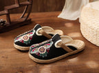 Women Casual Linen Handmade Mules Flat Slippers Retro Vegan Summer Canvas Comfortable Espadrille New Women Shoes Slides Flat Summer Style Handmade Retro Slippers Stevvex