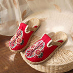 Women Casual Linen Handmade Mules Flat Slippers Retro Vegan Summer Canvas Comfortable Espadrille New Women Shoes Slides Flat Summer Style Handmade Retro Slippers Stevvex