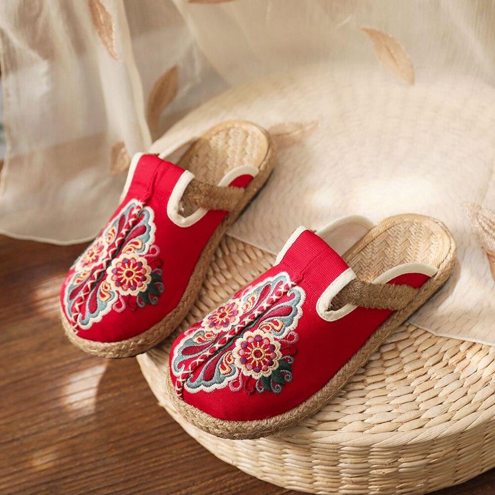Women Casual Linen Handmade Mules Flat Slippers Retro Vegan Summer Canvas Comfortable Espadrille New Women Shoes Slides Flat Summer Style Handmade Retro Slippers Stevvex