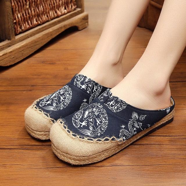 Women Casual Linen Handmade Mules Flat Slippers Retro Vegan Summer Canvas Comfortable Espadrille New Women Shoes Slides Flat Summer Style Handmade Retro Slippers Stevvex