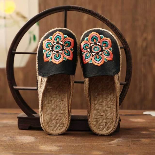 Women Casual Linen Handmade Mules Flat Slippers Retro Vegan Summer Canvas Comfortable Espadrille New Women Shoes Slides Flat Summer Style Handmade Retro Slippers Stevvex