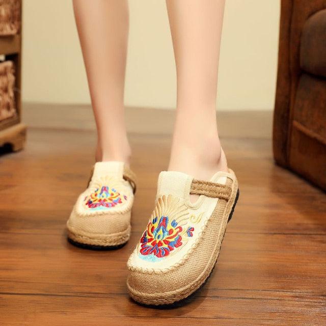 Women Casual Linen Handmade Mules Flat Slippers Retro Vegan Summer Canvas Comfortable Espadrille New Women Shoes Slides Flat Summer Style Handmade Retro Slippers Stevvex