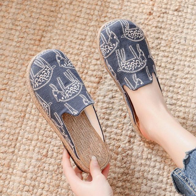 Women Casual Linen Handmade Mules Flat Slippers Retro Vegan Summer Canvas Comfortable Espadrille New Women Shoes Slides Flat Summer Style Handmade Retro Slippers Stevvex