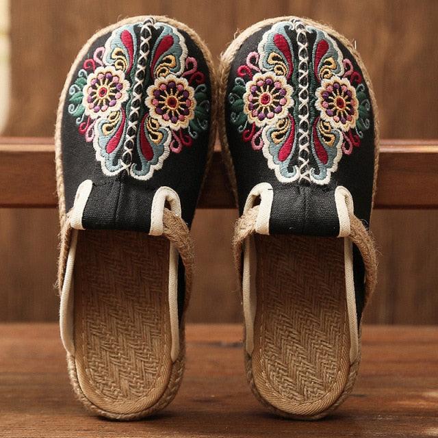 Women Casual Linen Handmade Mules Flat Slippers Retro Vegan Summer Canvas Comfortable Espadrille New Women Shoes Slides Flat Summer Style Handmade Retro Slippers Stevvex