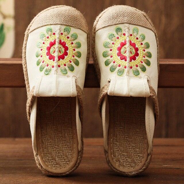 Women Casual Linen Handmade Mules Flat Slippers Retro Vegan Summer Canvas Comfortable Espadrille New Women Shoes Slides Flat Summer Style Handmade Retro Slippers Stevvex
