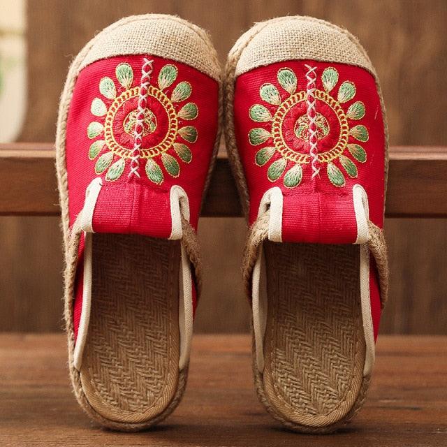 Women Casual Linen Handmade Mules Flat Slippers Retro Vegan Summer Canvas Comfortable Espadrille New Women Shoes Slides Flat Summer Style Handmade Retro Slippers Stevvex
