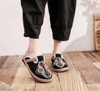 Women Casual Linen Handmade Mules Flat Slippers Retro Vegan Summer Canvas Comfortable Espadrille New Women Shoes Slides Flat Summer Style Handmade Retro Slippers Stevvex