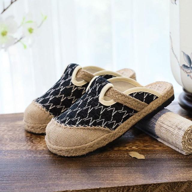 Women Casual Linen Handmade Mules Flat Slippers Retro Vegan Summer Canvas Comfortable Espadrille New Women Shoes Slides Flat Summer Style Handmade Retro Slippers Stevvex