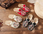 Women Casual Linen Handmade Mules Flat Slippers Retro Vegan Summer Canvas Comfortable Espadrille New Women Shoes Slides Flat Summer Style Handmade Retro Slippers Stevvex