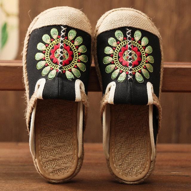 Women Casual Linen Handmade Mules Flat Slippers Retro Vegan Summer Canvas Comfortable Espadrille New Women Shoes Slides Flat Summer Style Handmade Retro Slippers Stevvex