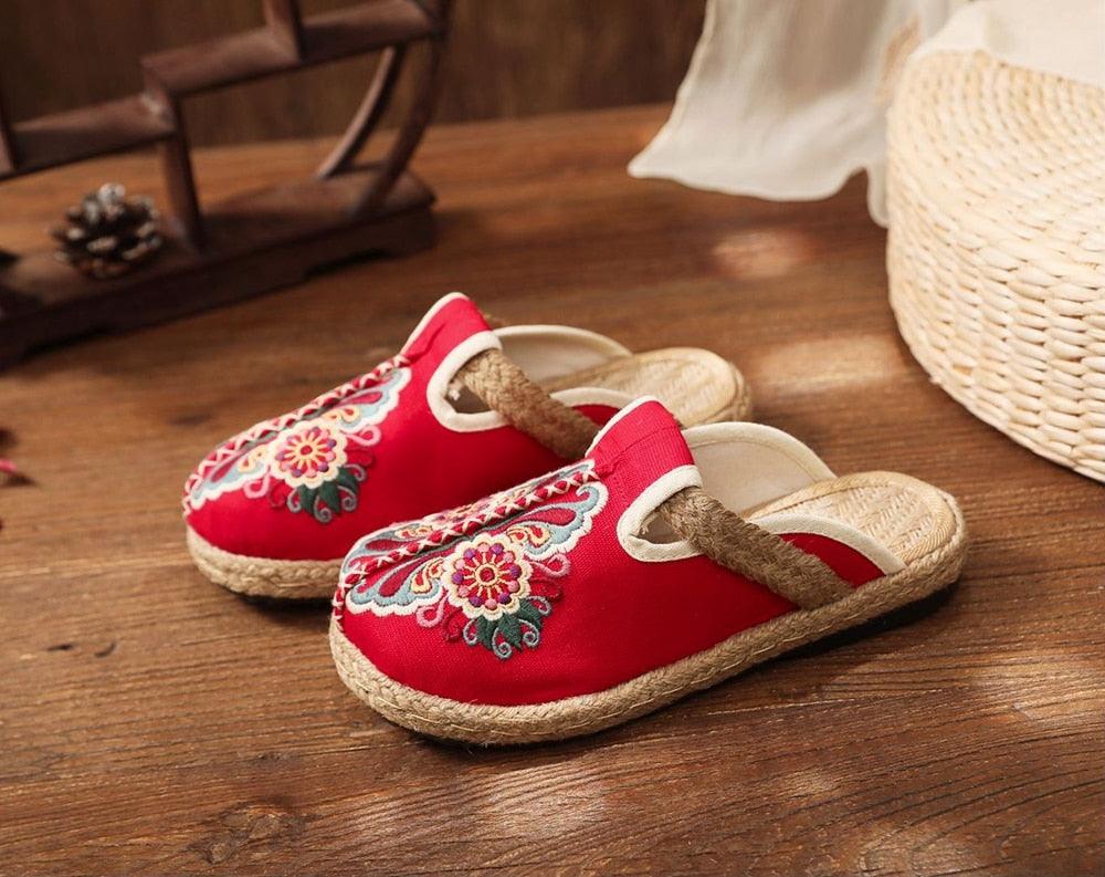 Women Casual Linen Handmade Mules Flat Slippers Retro Vegan Summer Canvas Comfortable Espadrille New Women Shoes Slides Flat Summer Style Handmade Retro Slippers Stevvex