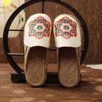Women Casual Linen Handmade Mules Flat Slippers Retro Vegan Summer Canvas Comfortable Espadrille New Women Shoes Slides Flat Summer Style Handmade Retro Slippers Stevvex