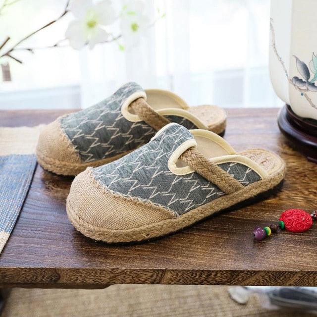 Women Casual Linen Handmade Mules Flat Slippers Retro Vegan Summer Canvas Comfortable Espadrille New Women Shoes Slides Flat Summer Style Handmade Retro Slippers Stevvex