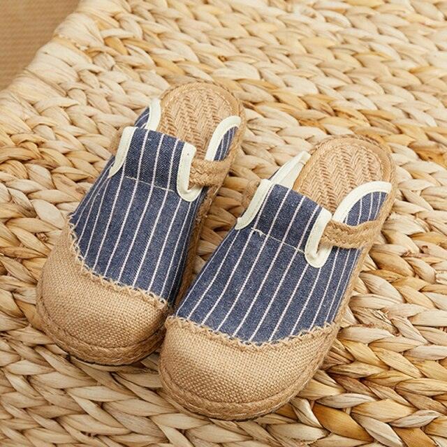 Women Casual Linen Handmade Mules Flat Slippers Retro Vegan Summer Canvas Comfortable Espadrille New Women Shoes Slides Flat Summer Style Handmade Retro Slippers Stevvex