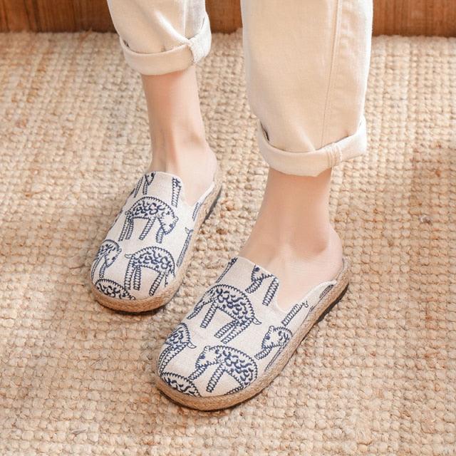 Women Casual Linen Handmade Mules Flat Slippers Retro Vegan Summer Canvas Comfortable Espadrille New Women Shoes Slides Flat Summer Style Handmade Retro Slippers Stevvex