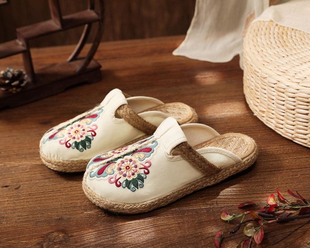 Women Casual Linen Handmade Mules Flat Slippers Retro Vegan Summer Canvas Comfortable Espadrille New Women Shoes Slides Flat Summer Style Handmade Retro Slippers Stevvex