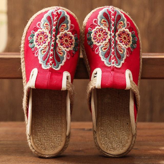 Women Casual Linen Handmade Mules Flat Slippers Retro Vegan Summer Canvas Comfortable Espadrille New Women Shoes Slides Flat Summer Style Handmade Retro Slippers Stevvex