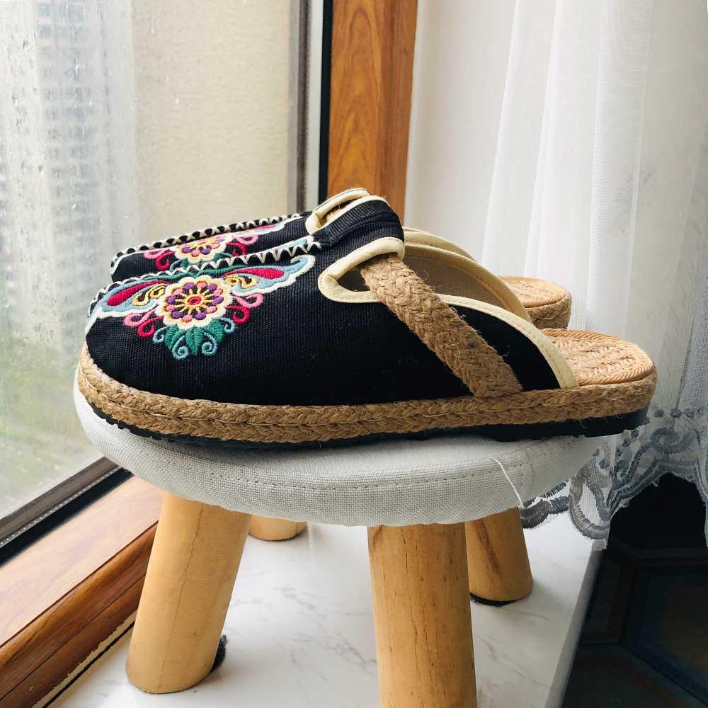 Women Casual Linen Handmade Mules Flat Slippers Retro Vegan Summer Canvas Comfortable Espadrille New Women Shoes Slides Flat Summer Style Handmade Retro Slippers Stevvex