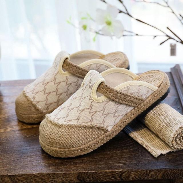 Women Casual Linen Handmade Mules Flat Slippers Retro Vegan Summer Canvas Comfortable Espadrille New Women Shoes Slides Flat Summer Style Handmade Retro Slippers Stevvex