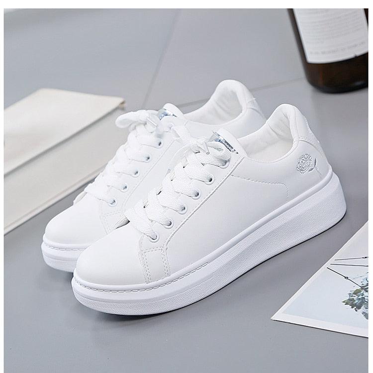 Women Casual New Spring Sneakers Fashion Embroidered White Sneakers Breathable Flower Lace-Up Leather Casual Sports Flat Low Top Sneaker Stevvex