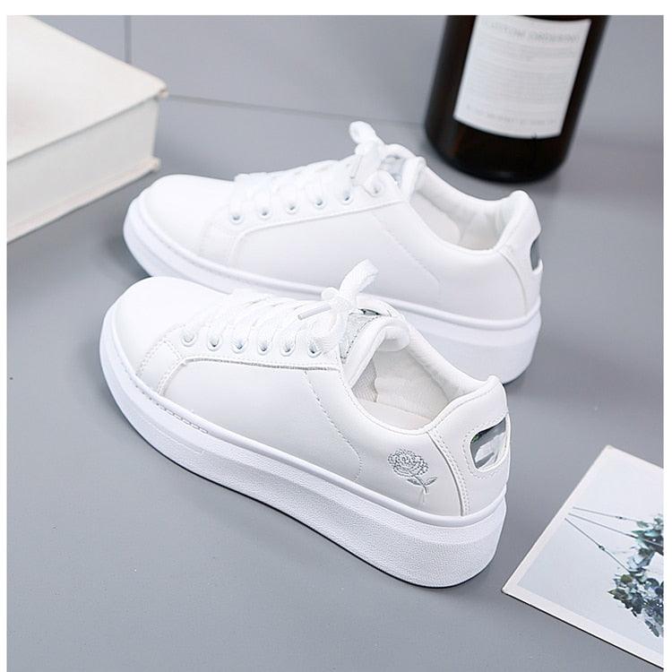 Women Casual New Spring Sneakers Fashion Embroidered White Sneakers Breathable Flower Lace-Up Leather Casual Sports Flat Low Top Sneaker Stevvex