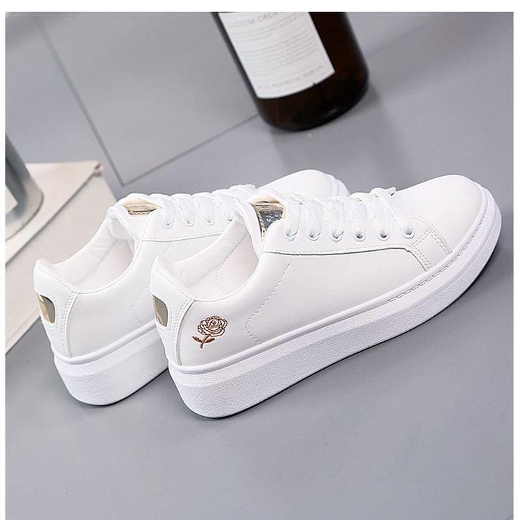 Women Casual New Spring Sneakers Fashion Embroidered White Sneakers Breathable Flower Lace-Up Leather Casual Sports Flat Low Top Sneaker Stevvex