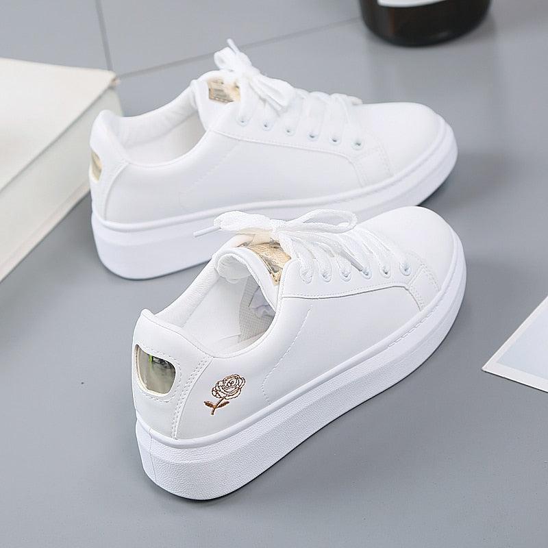 Women Casual New Spring Sneakers Fashion Embroidered White Sneakers Breathable Flower Lace-Up Leather Casual Sports Flat Low Top Sneaker Stevvex