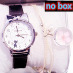 Women Charming Watch Set Pink Leather Strap Student Watch Children Black Cat Leather Strap And Round Dial Quartz Watches For Women Cat Dial With Stainless Steel Dial Quartz Watch