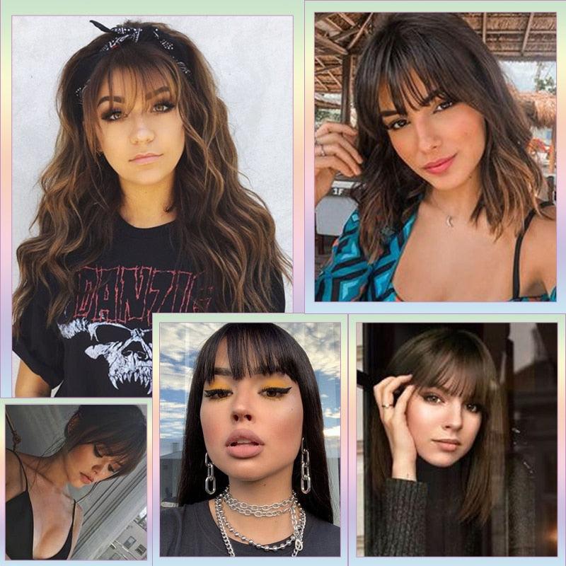 Women Clip In Hair Bangs Hairpiece Synthetic Fake Hair Piece Clip In Hair Extensions Front Natural Flat Neat Fringe Bangs With Temples For Women One Piece Hairpiece Stevvex